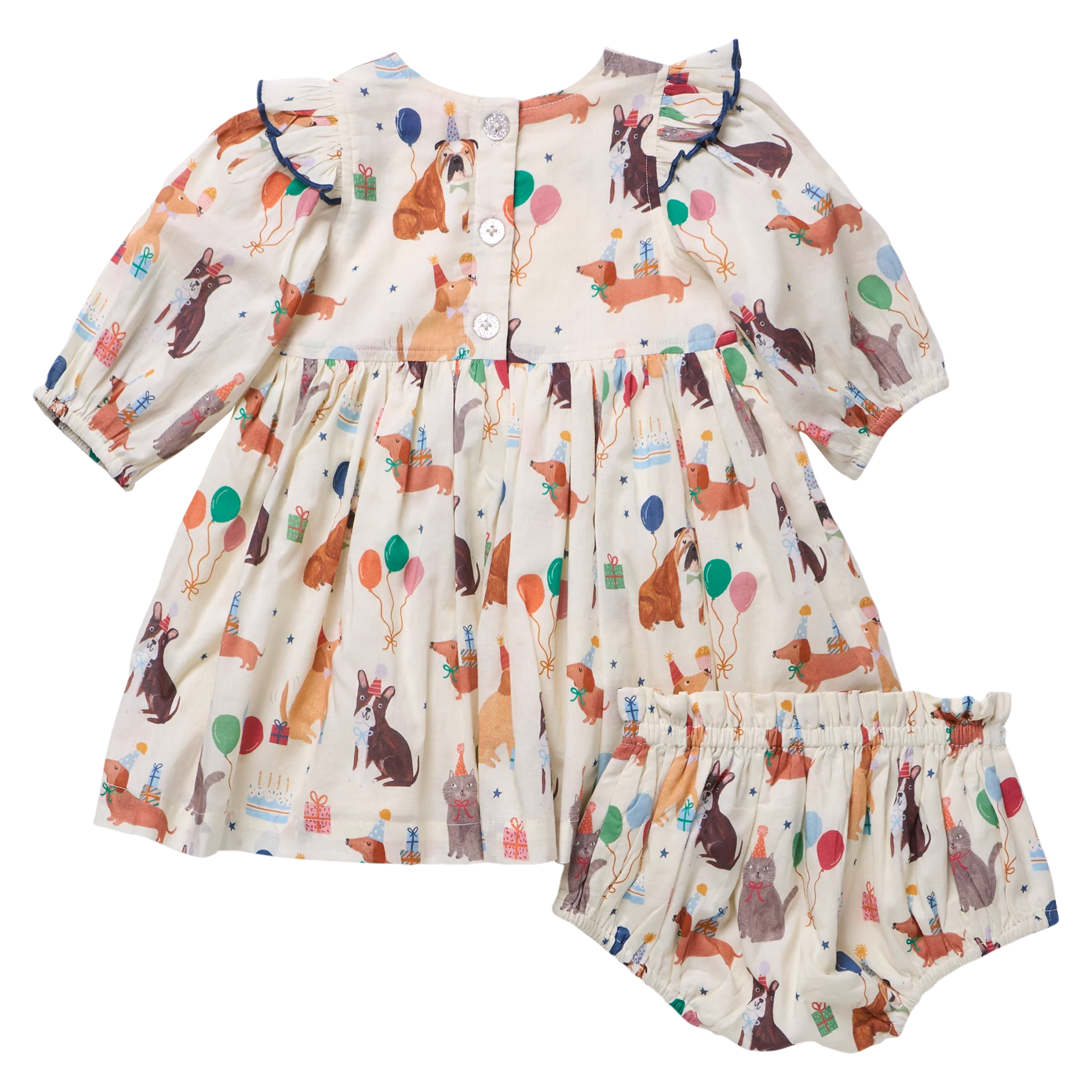 A baby girl's two-piece outfit set consisting of a short-sleeve dress and matching bloomers. The cream-colored fabric features an all-over print of woodland animals like foxes, rabbits, and squirrels, along with colorful balloons and stars.
