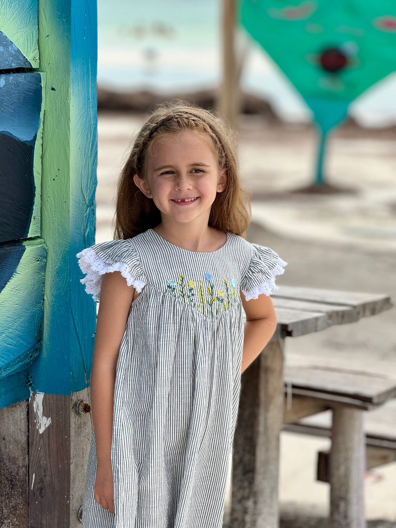 Flutter Sleeve Dress With Floral Embroidered Bib - Grey Stripe by Popp Pacifier Kids Boutique Flutter Sleeve Dress With Floral Embroidered Bib - Grey Stripe by Popp Pacifier Kids Boutique