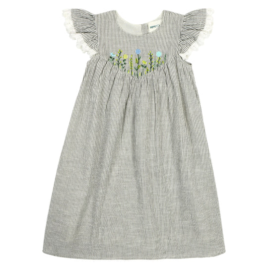 Flutter Sleeve Dress With Floral Embroidered Bib - Grey Stripe by Poppet & Fox