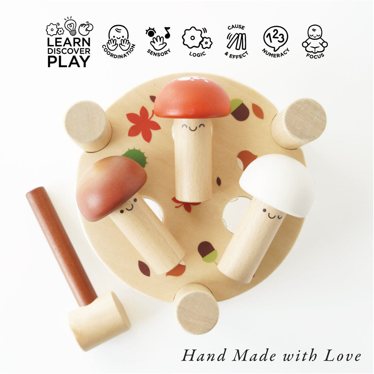 Wooden toy with mushroom designs on a white background, featuring icons and text about learning and play.