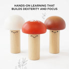 Three wooden mushroom toys with smiling faces on a white background, text about hands-on learning.