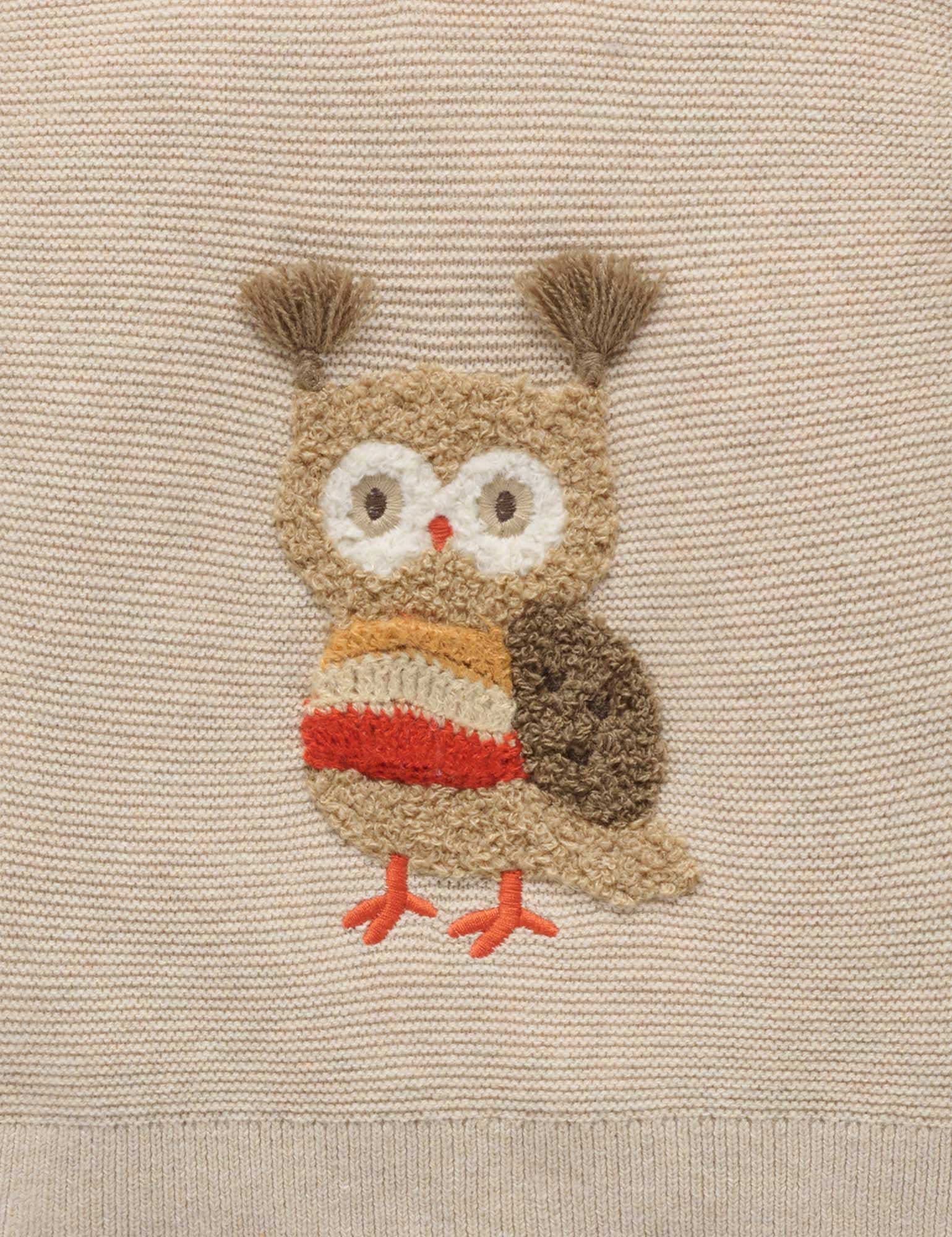 Embroidered owl design on a beige fabric background