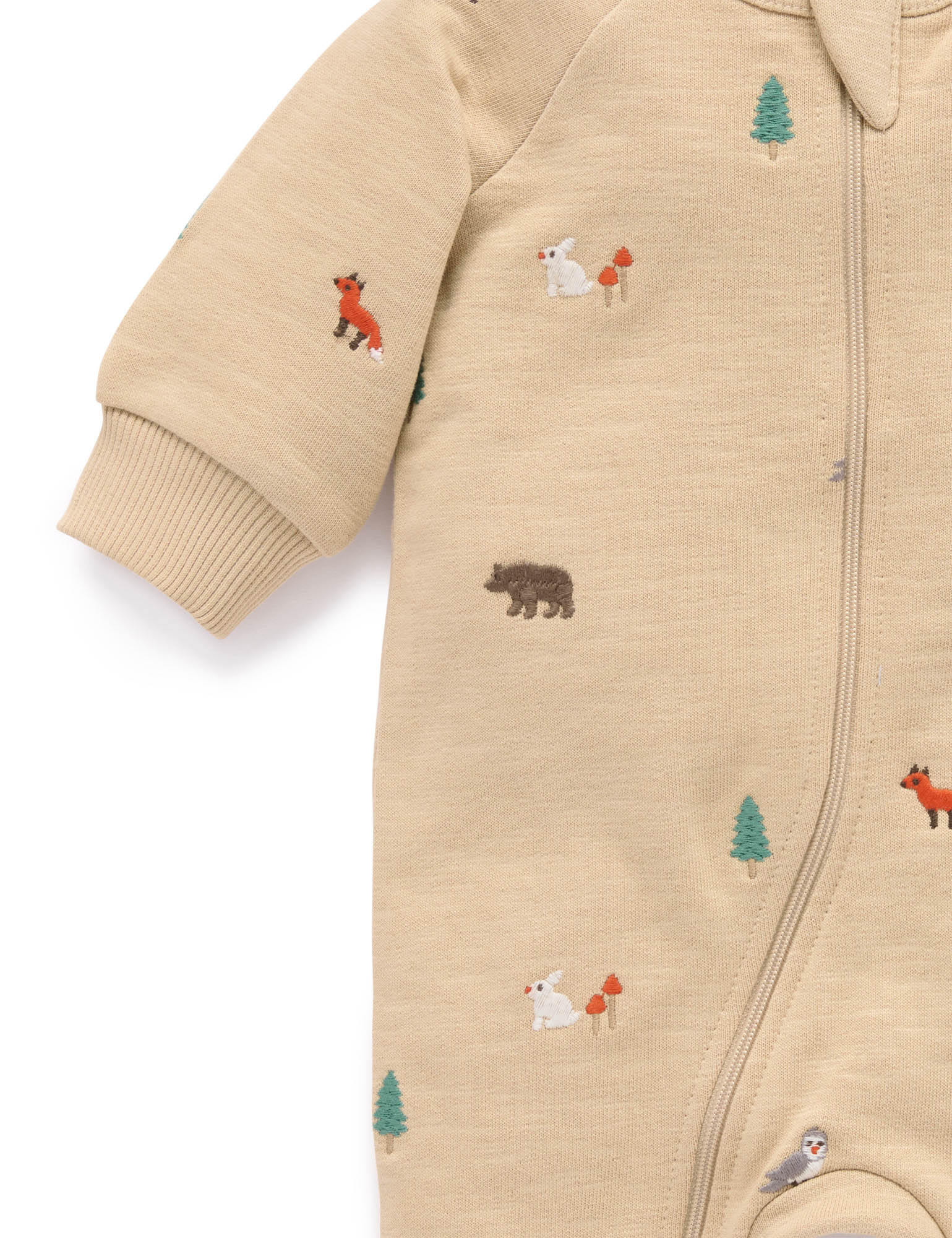 Beige baby snowsuit with forest animal embroidery on a white background