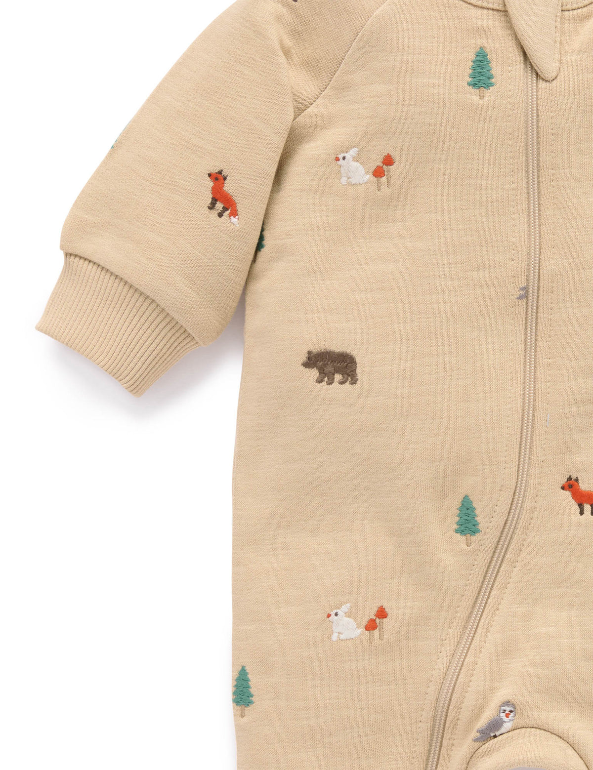 Beige baby snowsuit with forest animal embroidery on a white background