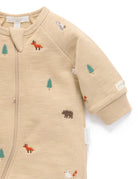 Beige baby onesie with forest animal embroidery on a white background