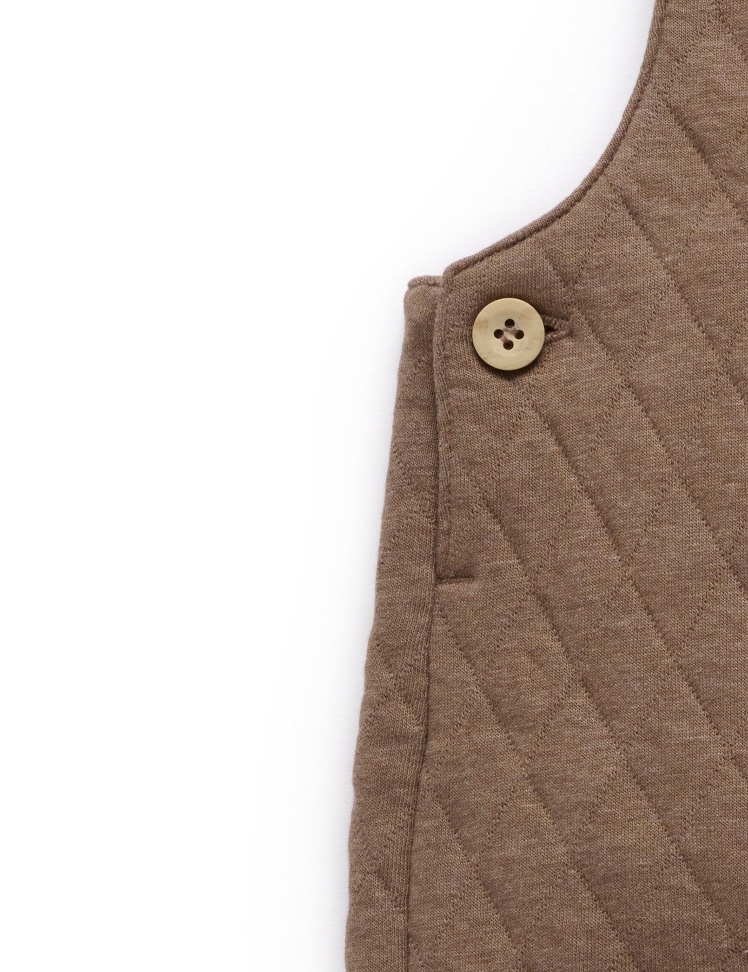 Brown quilted vest with a button on a white background