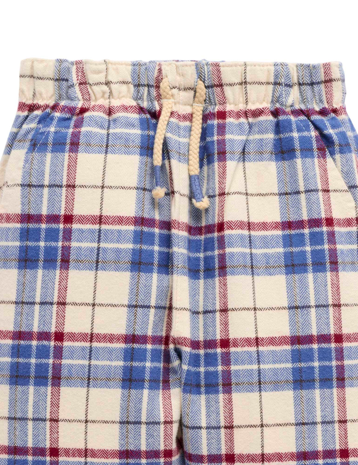 Plaid shorts with a drawstring on a white background