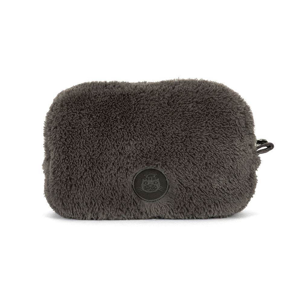 Dark gray fluffy pouch with a brand logo on a white background