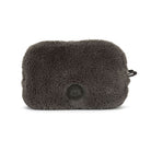 Dark gray fluffy pouch with a brand logo on a white background