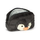 Plush penguin-shaped eye mask on a white background