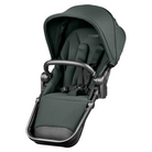 A dark forest green baby car seat with a matching canopy and harness, featuring a black metal frame and handlebar, shown on a solid white background.