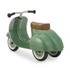 Green children's scooter with a brown seat on a white background