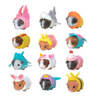 Twelve small guinea pig toys arranged in a 3-by-4 grid on a plain white background, each wearing a different costume such as a shark, dragon, lion, princess, cupcake, bee, and others.