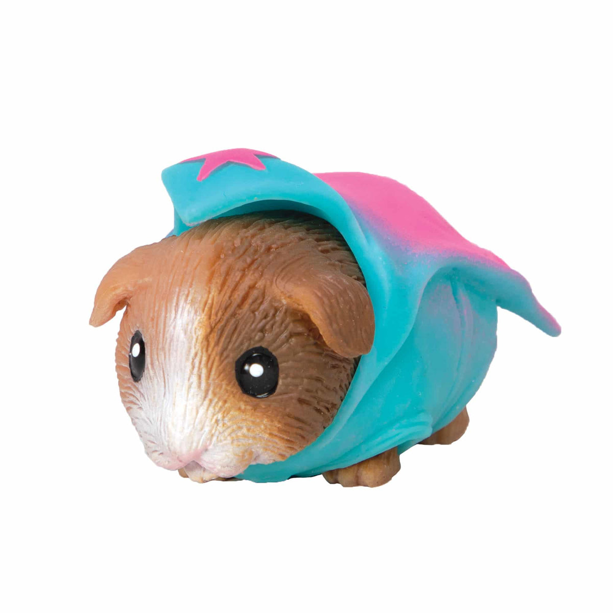 Small figurine of a guinea pig in a blue and pink hood on a white background