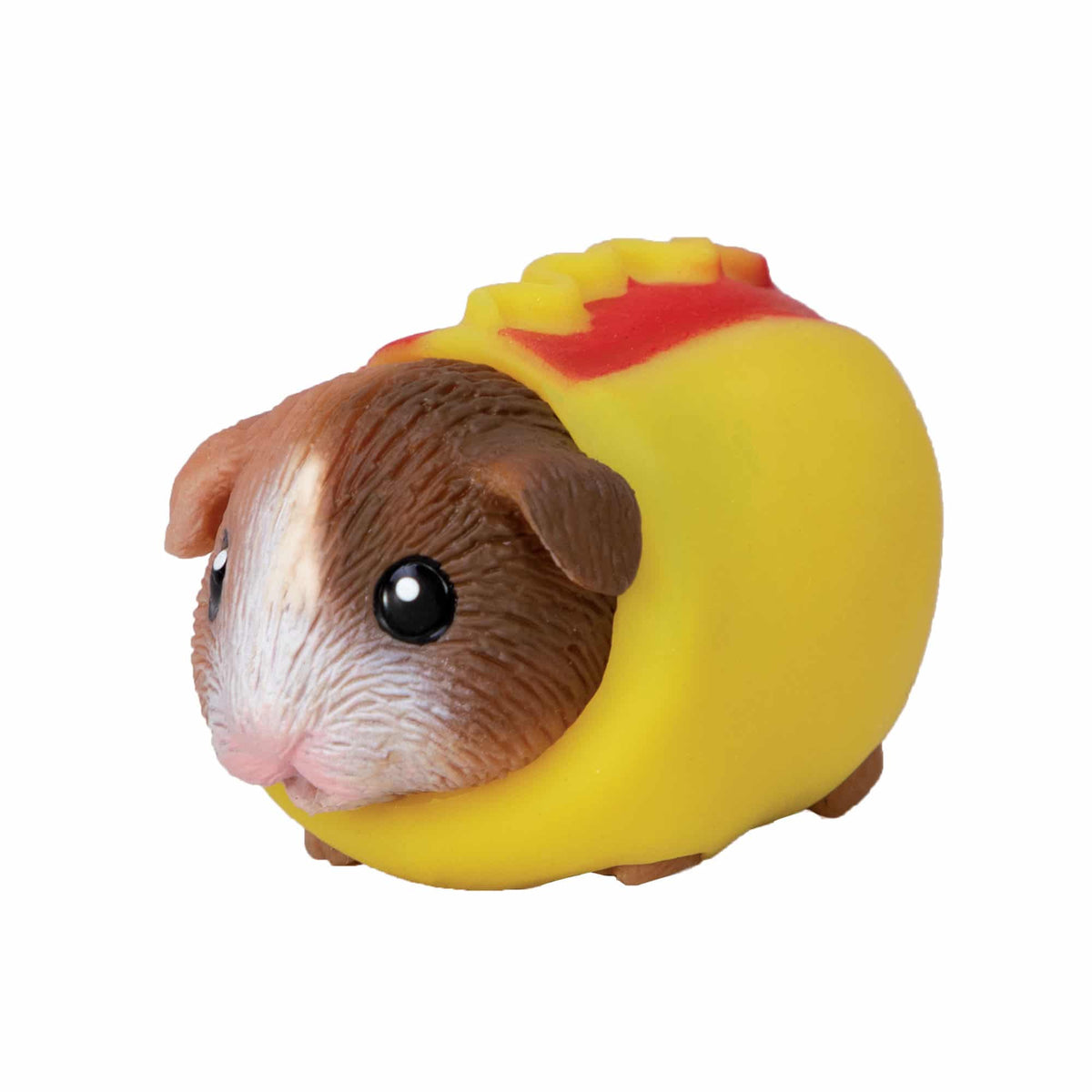 Toy figure of a guinea pig in a yellow car with red interior on a white background