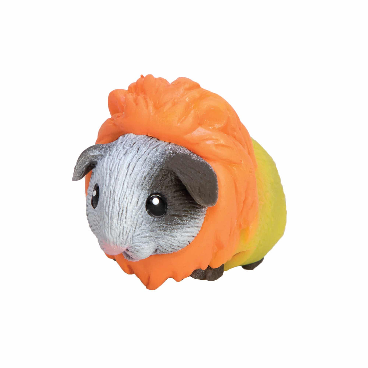 Small animal figurine wearing an orange lion mane on a white background