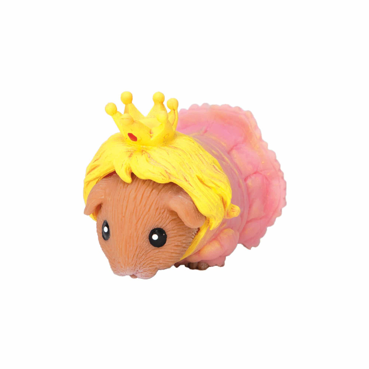 Toy figure of a character with blonde hair and a pink shell on a white background