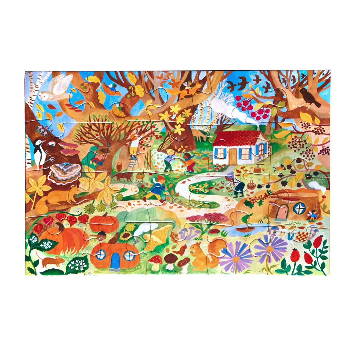 Completed 20 Piece Puzzle - Fairy Cottage by Eeboo, displaying the full autumnal fairyland artwork with children, a red cottage, forest wildlife, and whimsical flora.