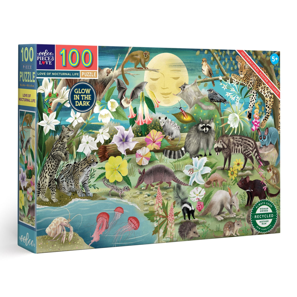 100 Piece Puzzle - Love of Nocturnal Life by eeBoo box featuring a vibrant illustration of nocturnal animals in a nighttime forest with a glow-in-the-dark feature.