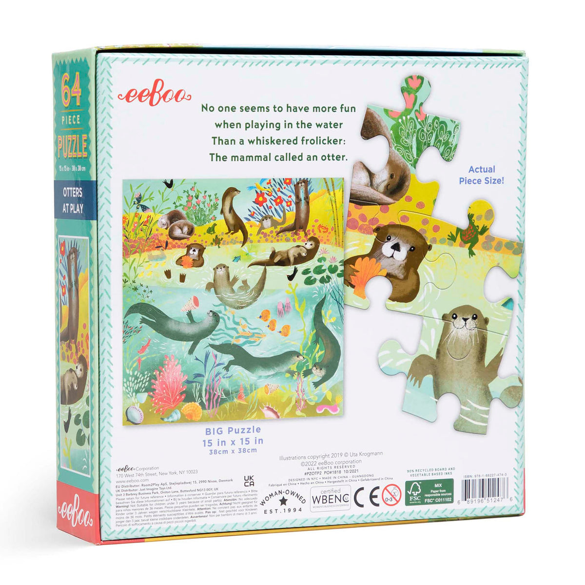 Back of the puzzle box with illustrations of otters and eeflo branding