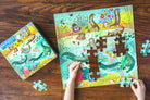 Colorful puzzle with animal design on a wooden table, partially completed.