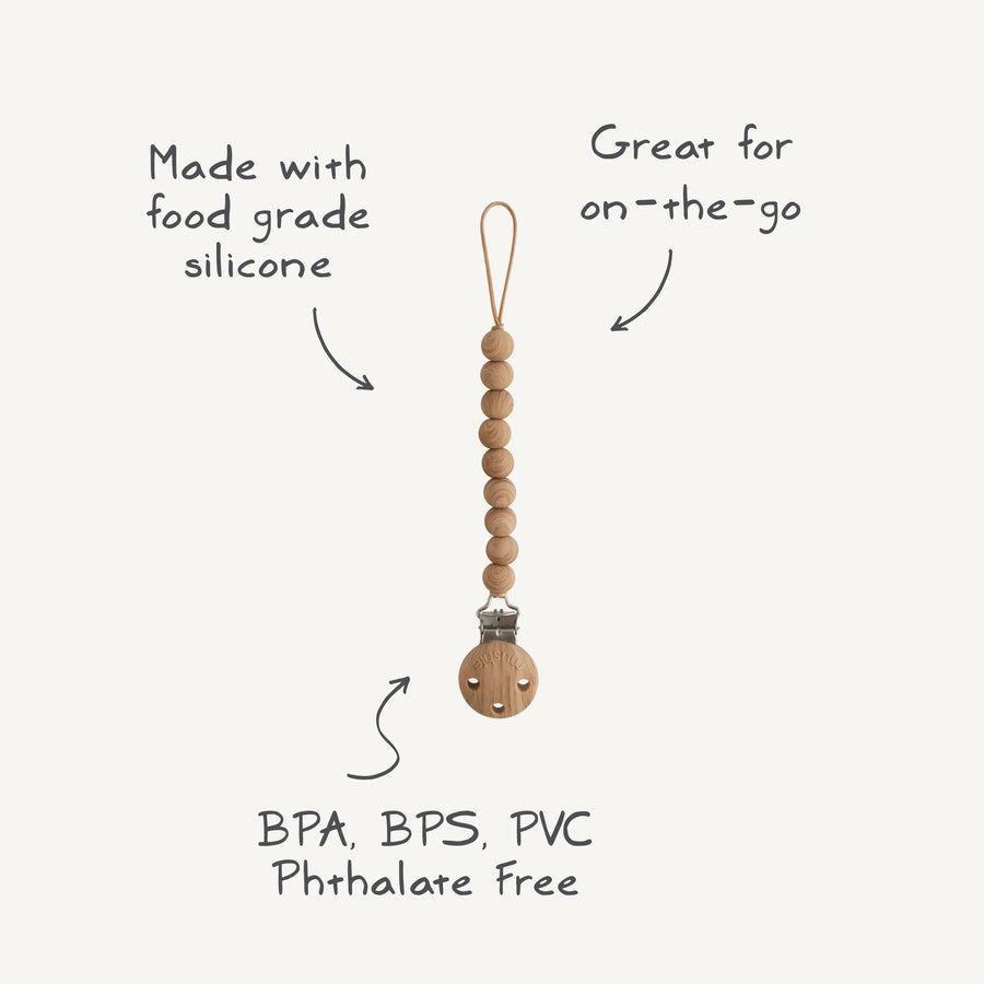 Wooden beaded keychain with text highlighting features on a white background