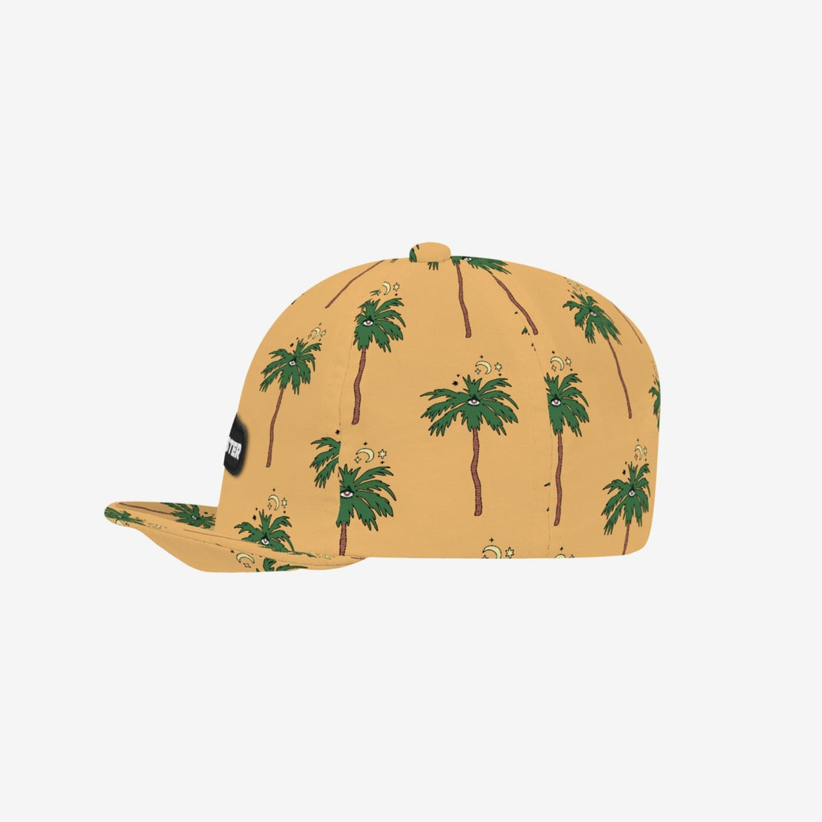 Yellow cap with palm tree pattern on a white background