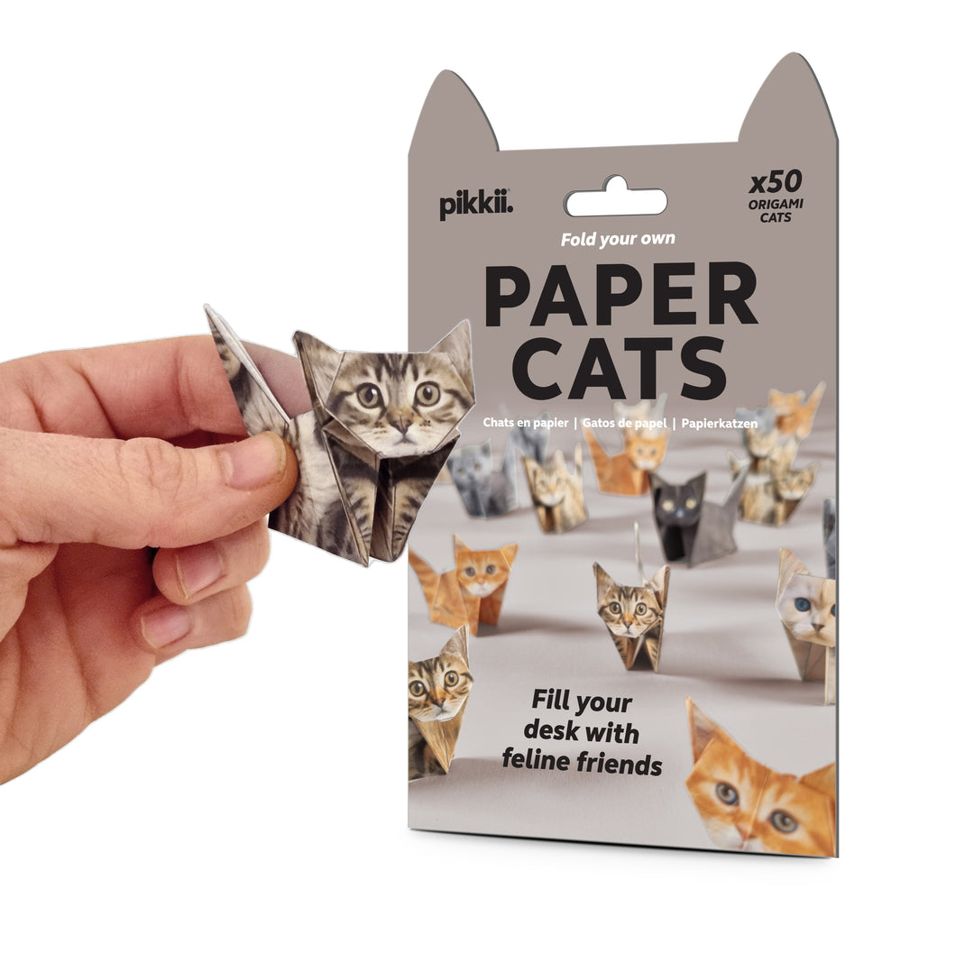 Pakkaged of paper cats with a hand holding one, on a white background