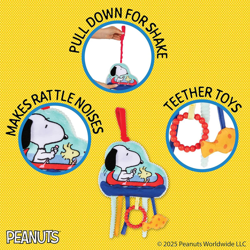 Snoopy-themed teething toy set with instructions on a yellow background, featuring the Peanuts brand.