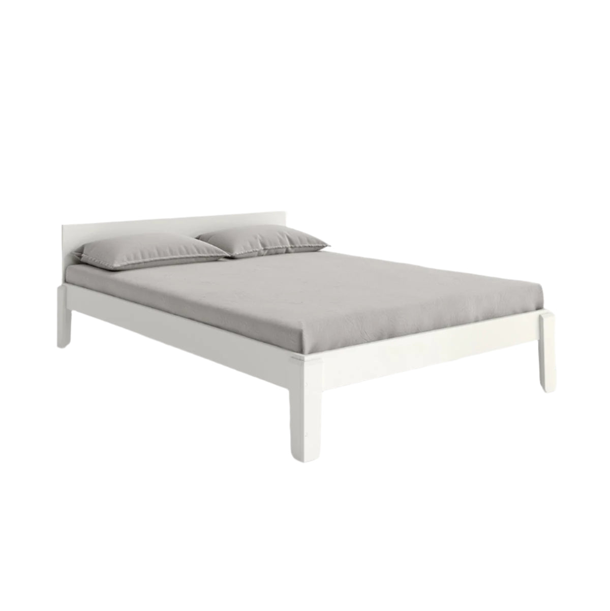 A modern low-profile single bed frame in white, shown with a light gray mattress and two matching gray pillows against a plain white background.