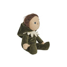 Plush toy with green outfit and brown hair on a white background