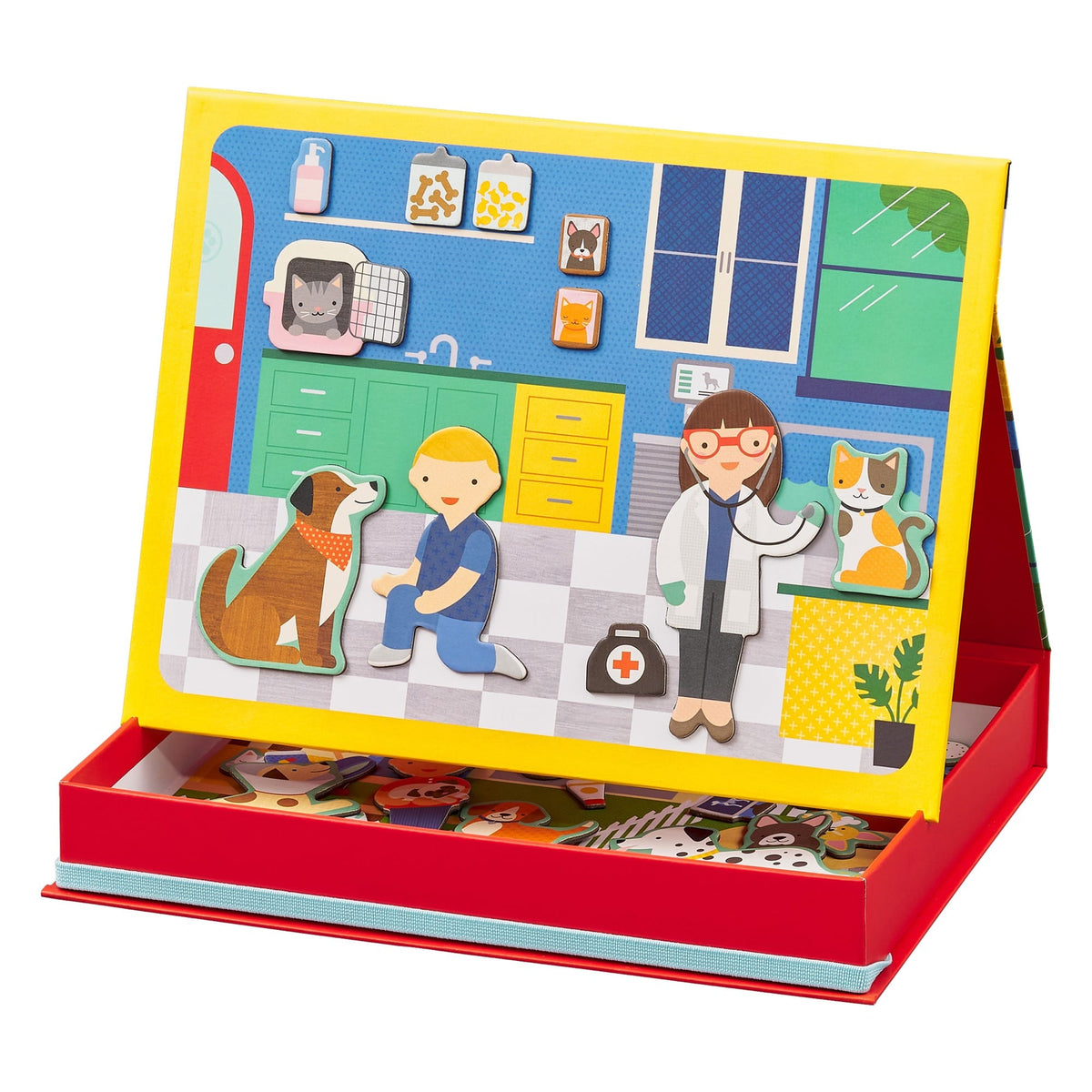 Children's puzzle with a veterinary theme, featuring a doctor, patient, and dog in a colorful box.