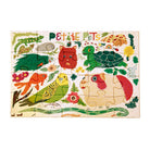 The completed Eeboo Petite Pets 20-Piece Jigsaw Puzzle assembled to show the full whimsical illustration of small pets like a guinea pig, bird, goldfish, turtle, and snake in a garden with the "Petite Pets" title visible at the top.