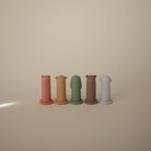 Five cylindrical figurines in different colors arranged on a beige surface.