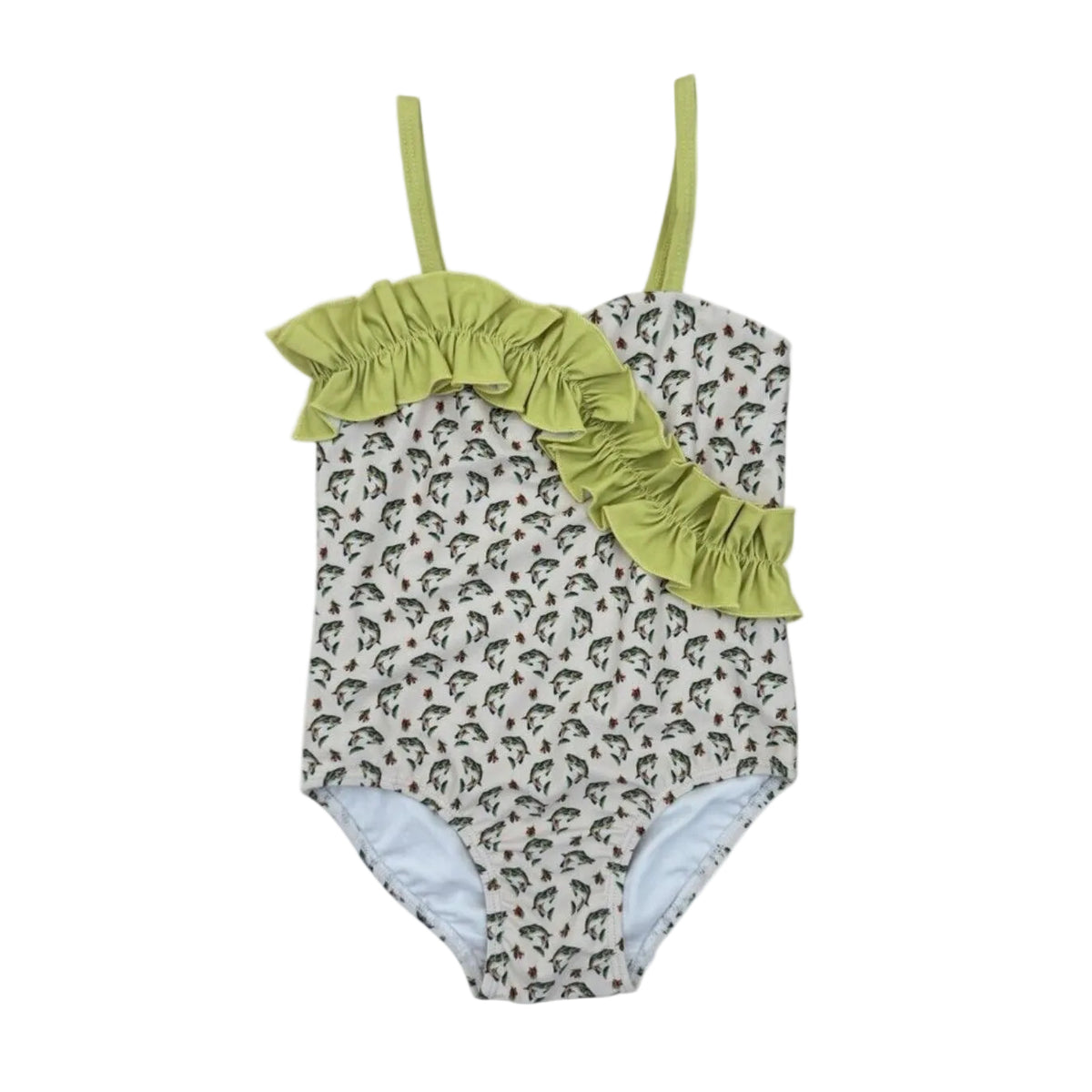 A one-piece baby swimsuit with a white background and a black and green fish print, featuring lime green ruffle trim along the neckline and thin shoulder straps.