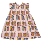 Children's dress with juice box pattern on a white background
