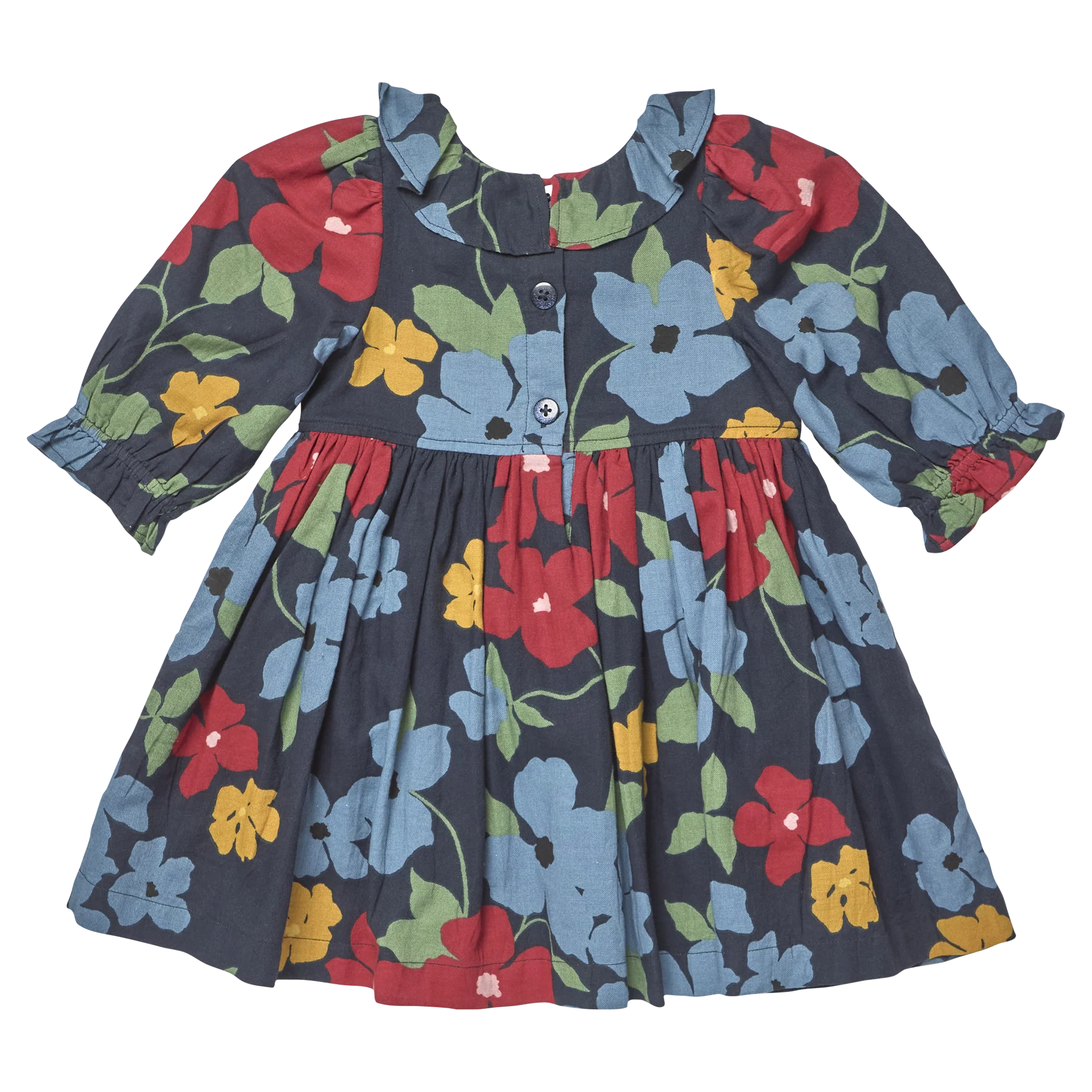 A toddler girl's long-sleeve dress with a dark navy blue background and a colorful floral print featuring light blue, red, yellow, and green flowers. The dress has a buttoned neckline, ruffled collar, and a gathered skirt.