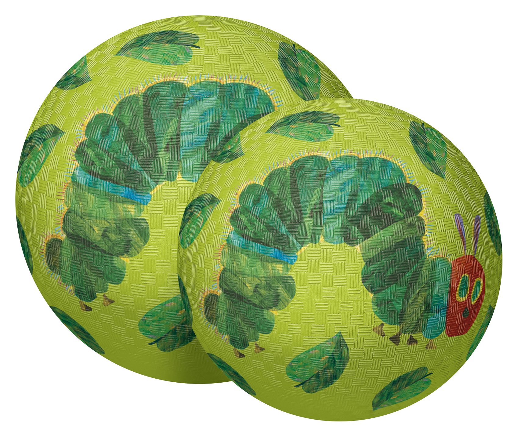 Two green balls with caterpillar designs on a white background