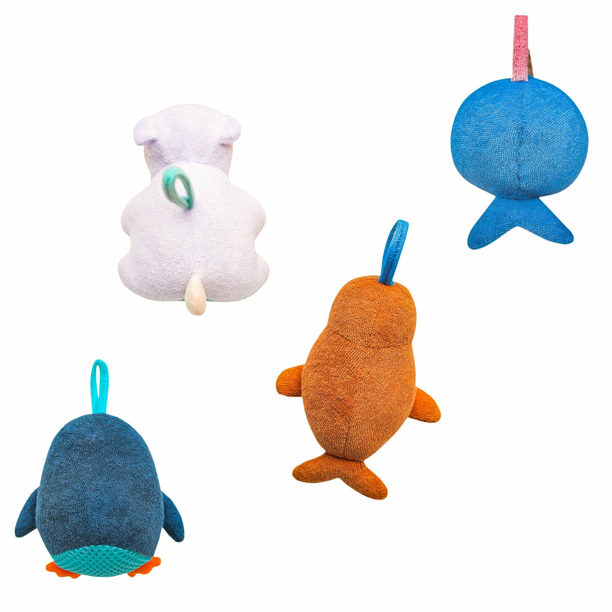 Set of colorful animal-shaped toys on a white background