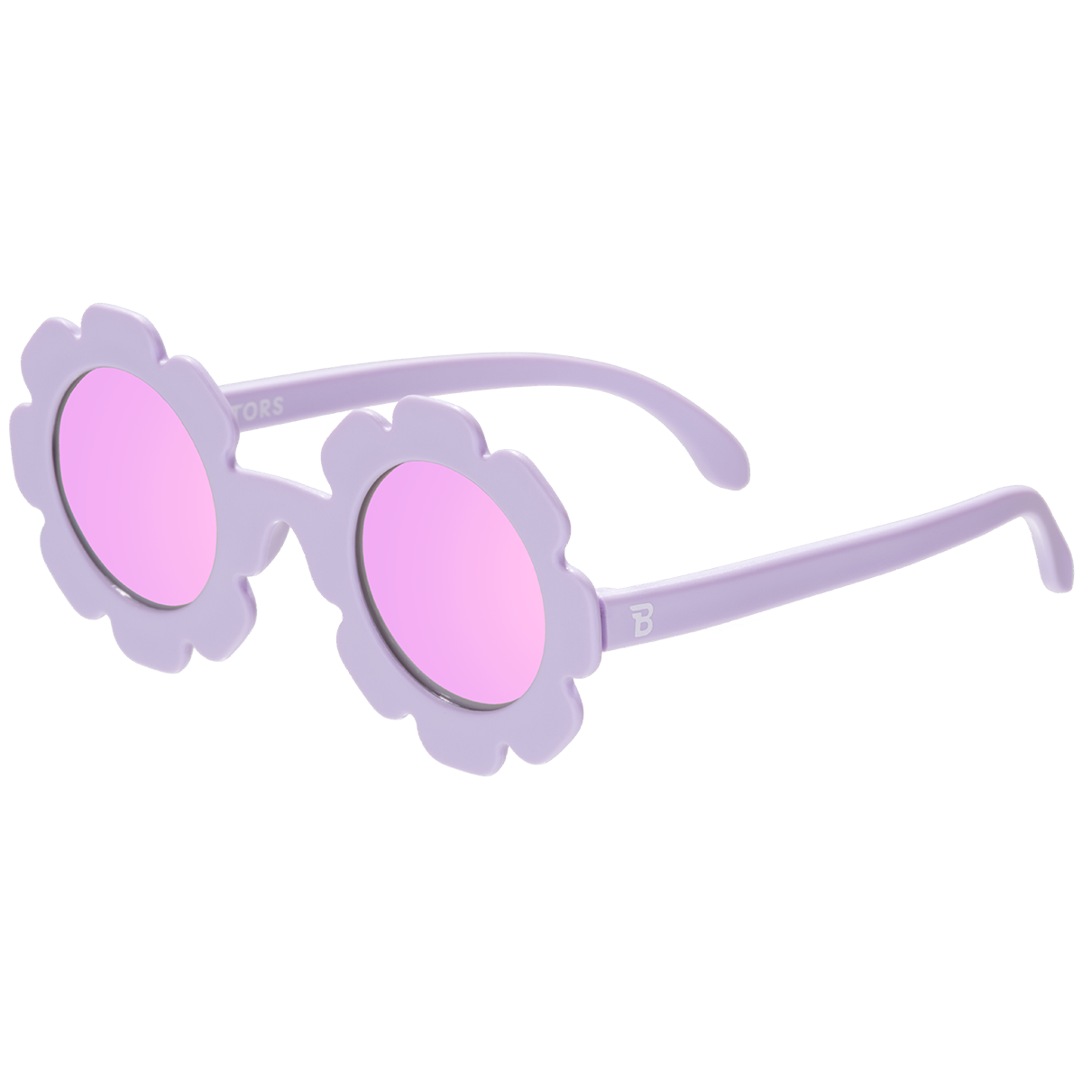 Sunglasses with purple frame and pink lenses on a white background