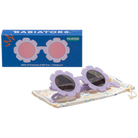 Purple sunglasses with floral design on a white background, featuring Babiators packaging.