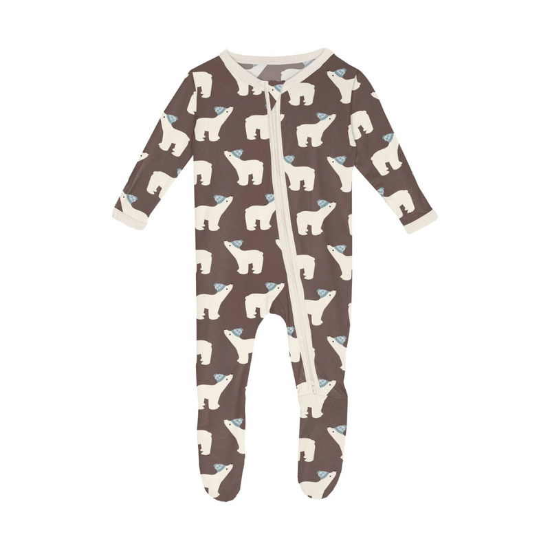 Print Footie with 2 Way Zipper - Coffee Polar Bears by Kickee Pants