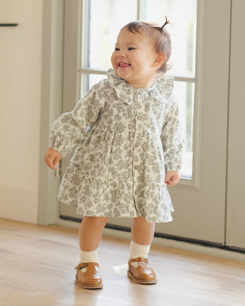 Ruffle Collar Button Dress - Green Floral by Quincy Mae
