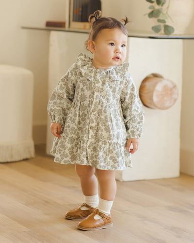 Ruffle Collar Button Dress - Green Floral by Quincy Mae