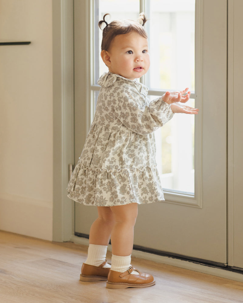 Ruffle Collar Button Dress - Green Floral by Quincy Mae