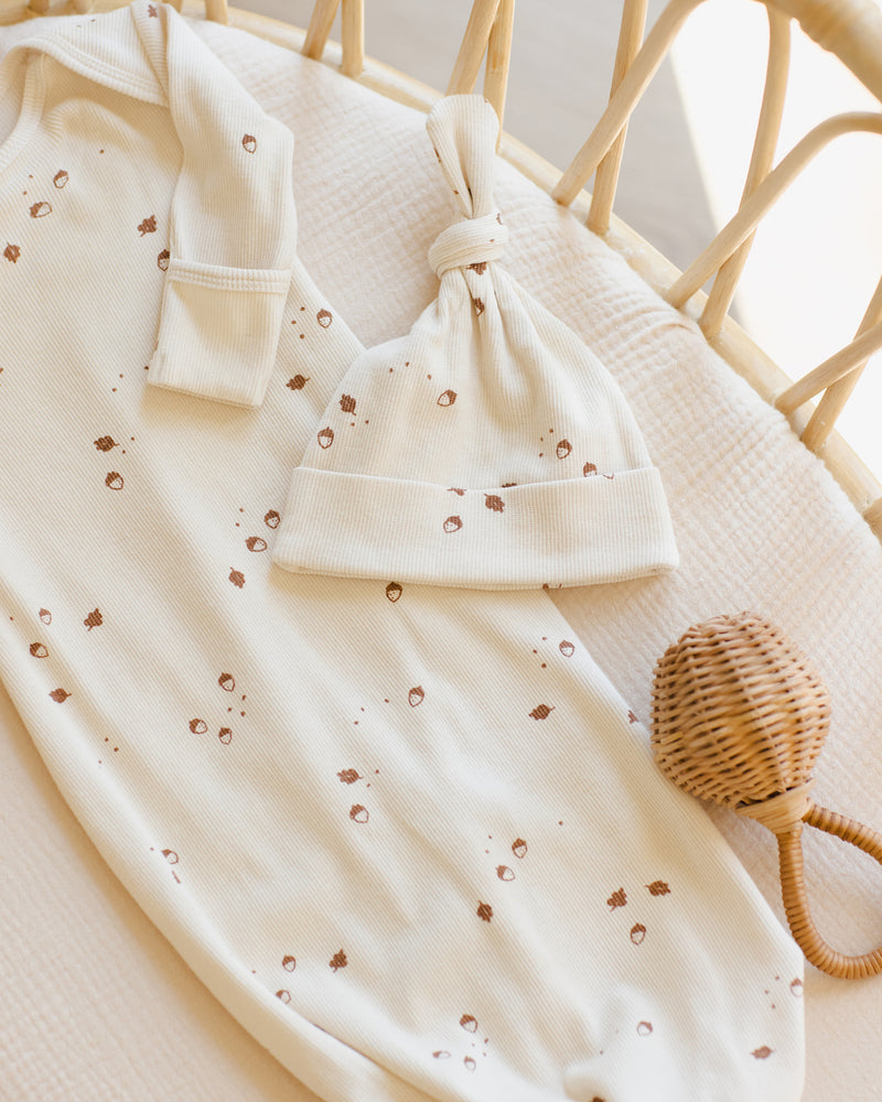 Knotted Baby Gown + Hat Set - Acorns by Quincy Mae - FINAL SALE