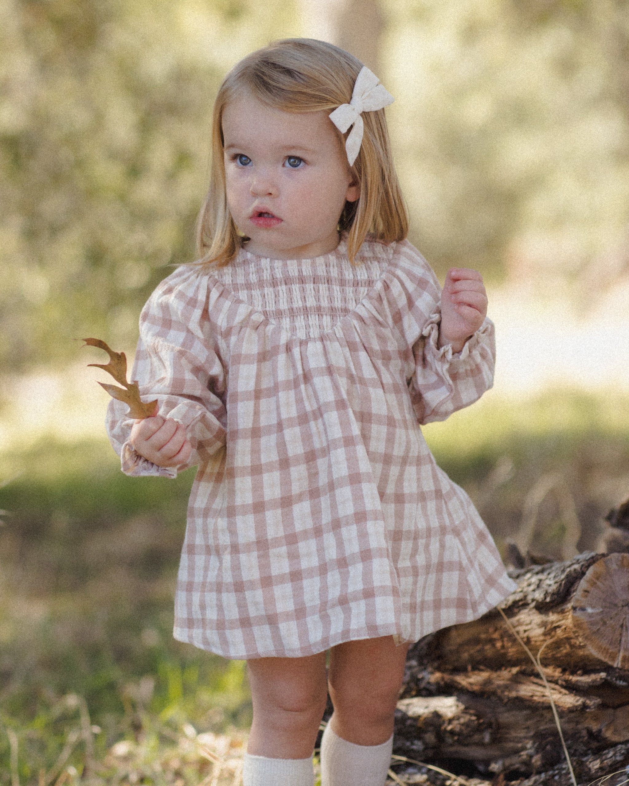 A young toddler girl wearing a pink and white gingham dress with a white bow in her hair, standing outdoors in a grassy, wooded area.