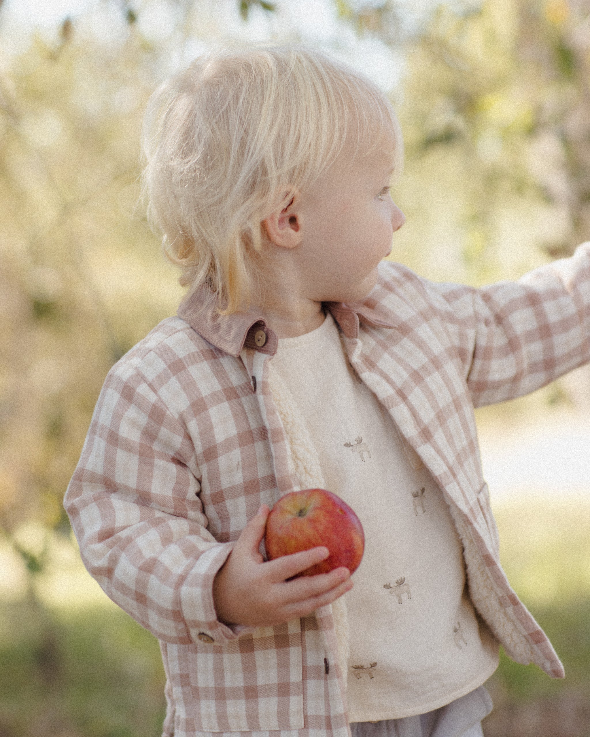 A toddler with blonde hair wearing a beige and brown plaid button-up jacket over a cream fleece shirt, holding a red apple in an outdoor garden setting.