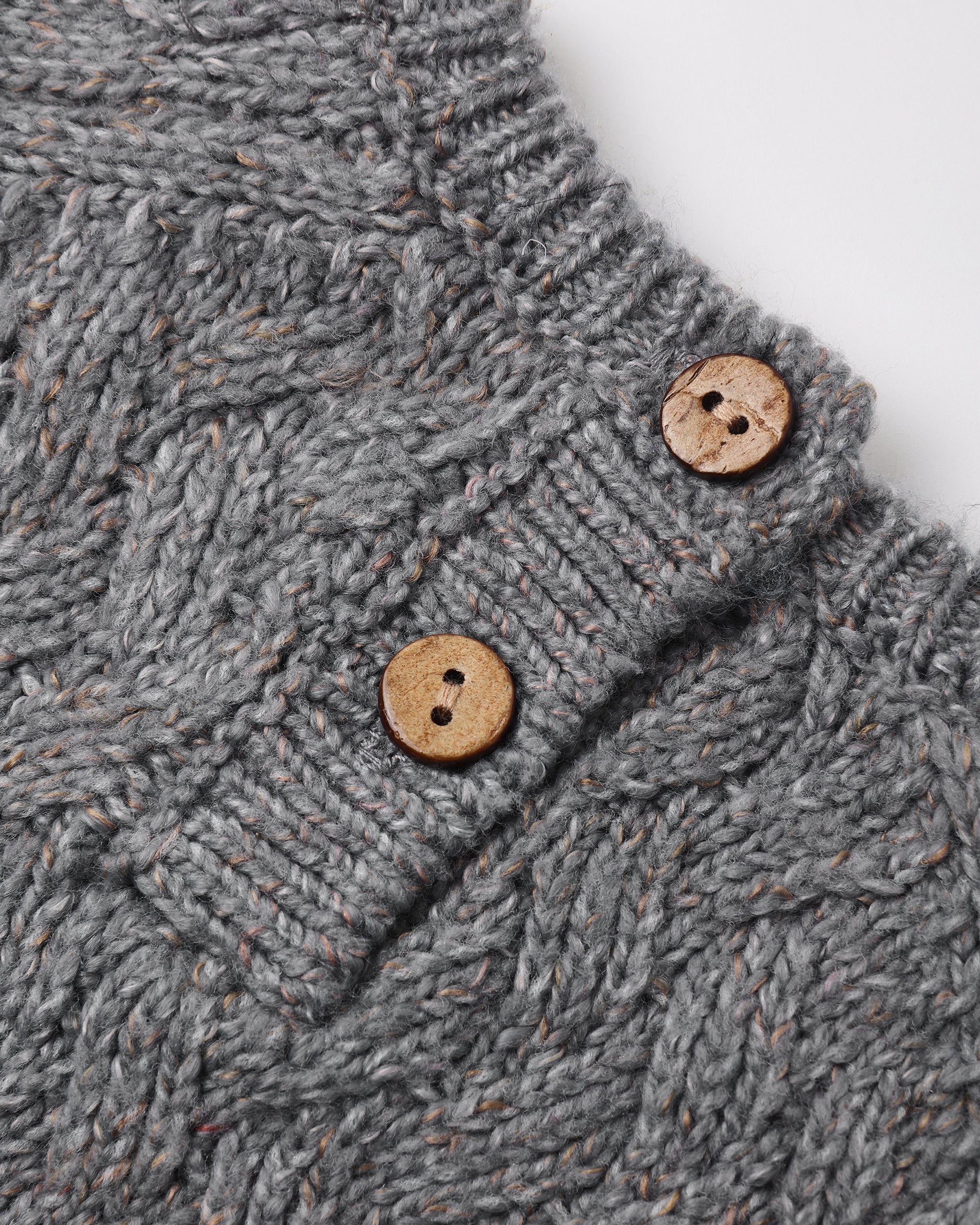 Close-up of a gray cable-knit garment with two brown wooden buttons on a white background.