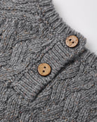 Close-up of a gray cable-knit garment with two brown wooden buttons on a white background.
